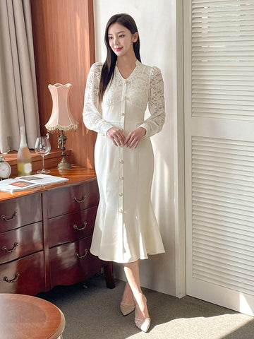 DAZY Women's Spring Autumn Contrast Lace V-Neck Long Sleeve Mermaid Hem Elegant Dress