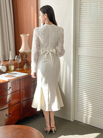 DAZY Women's Spring Autumn Contrast Lace V-Neck Long Sleeve Mermaid Hem Elegant Dress
