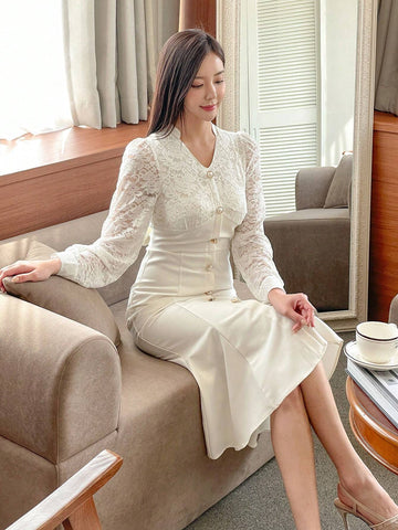 DAZY Women's Spring Autumn Contrast Lace V-Neck Long Sleeve Mermaid Hem Elegant Dress