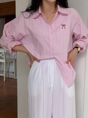 DAZY Women's Spring Summer Loose Fit Bow Tie Striped Long Sleeve Casual Blouse