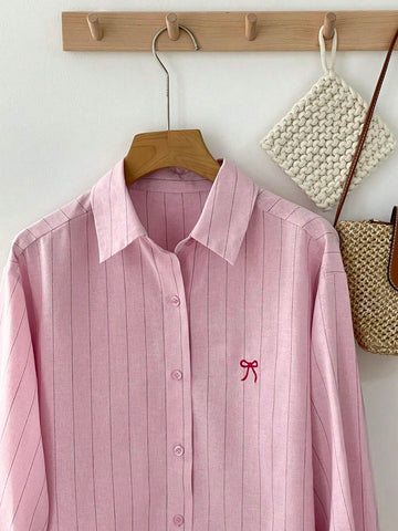 DAZY Women's Spring Summer Loose Fit Bow Tie Striped Long Sleeve Casual Blouse