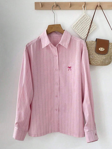 DAZY Women's Spring Summer Loose Fit Bow Tie Striped Long Sleeve Casual Blouse