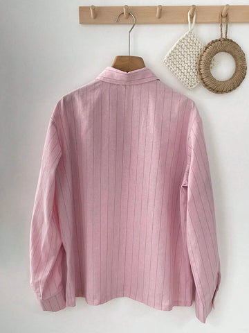 DAZY Women's Spring Summer Loose Fit Bow Tie Striped Long Sleeve Casual Blouse