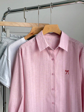 DAZY Women's Spring Summer Loose Fit Bow Tie Striped Long Sleeve Casual Blouse