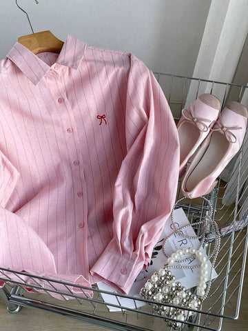 DAZY Women's Spring Summer Loose Fit Bow Tie Striped Long Sleeve Casual Blouse