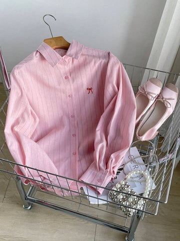 DAZY Women's Spring Summer Loose Fit Bow Tie Striped Long Sleeve Casual Blouse