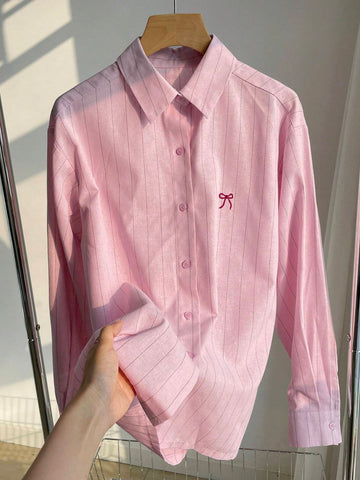 DAZY Women's Spring Summer Loose Fit Bow Tie Striped Long Sleeve Casual Blouse