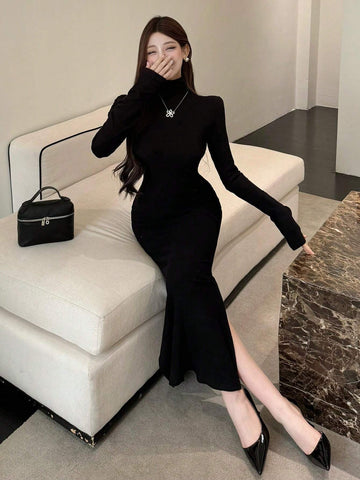 DAZY Women's Spring Summer Solid Color High Neck Long Sleeve Side Split Hem Long Fitted Elegant Dress