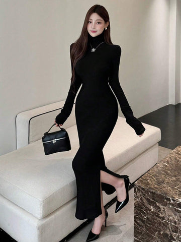 DAZY Women's Spring Summer Solid Color High Neck Long Sleeve Side Split Hem Long Fitted Elegant Dress