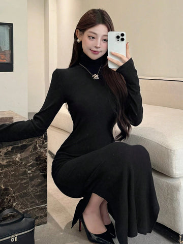 DAZY Women's Spring Summer Solid Color High Neck Long Sleeve Side Split Hem Long Fitted Elegant Dress