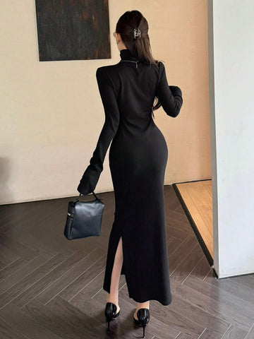 DAZY Women's Spring Summer Solid Color High Neck Long Sleeve Side Split Hem Long Fitted Elegant Dress