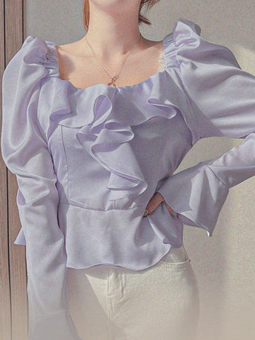 DAZY Women's Square Collar Ruffle Trim Solid Color Bell Sleeve Blouse