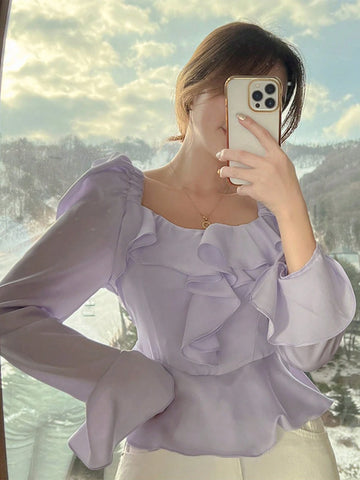 DAZY Women's Square Collar Ruffle Trim Solid Color Bell Sleeve Blouse