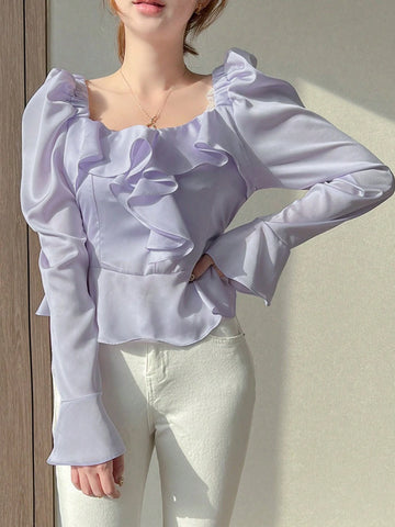 DAZY Women's Square Collar Ruffle Trim Solid Color Bell Sleeve Blouse