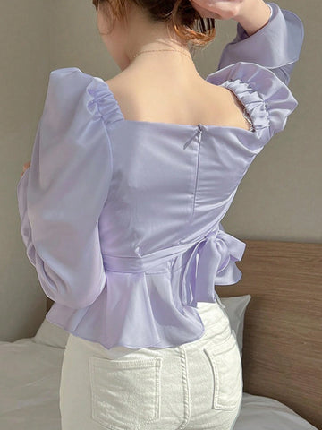 DAZY Women's Square Collar Ruffle Trim Solid Color Bell Sleeve Blouse