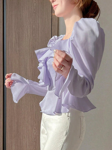 DAZY Women's Square Collar Ruffle Trim Solid Color Bell Sleeve Blouse