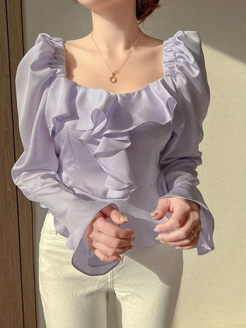 DAZY Women's Square Collar Ruffle Trim Solid Color Bell Sleeve Blouse