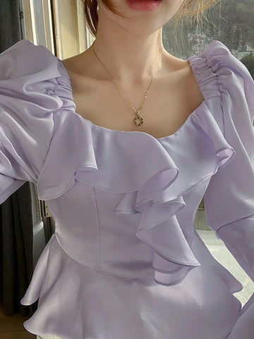 DAZY Women's Square Collar Ruffle Trim Solid Color Bell Sleeve Blouse