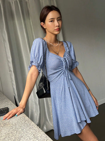 DAZY Women's Square Neck Waisted A-Line Short Dress