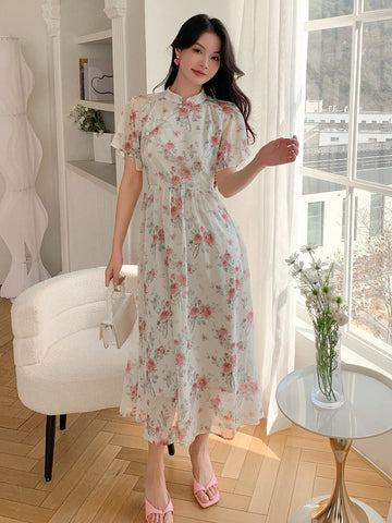 DAZY Women's Stand Collar, Lotus Leaf Hem, Short Sleeve Dress With Floral Print