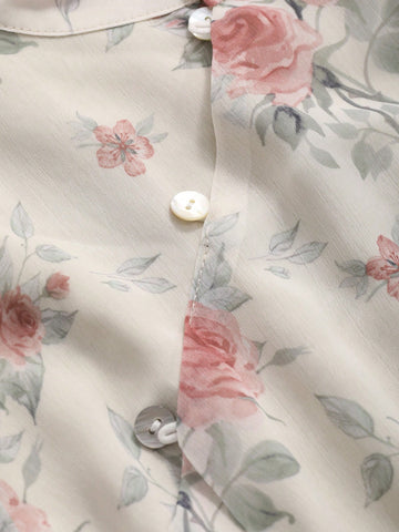 DAZY Women's Stand Collar, Lotus Leaf Hem, Short Sleeve Dress With Floral Print