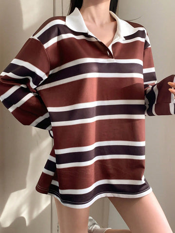 Women's Striped Color Block Patchwork Long Sleeve Casual T-Shirt With Collar
