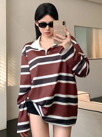 Women's Striped Color Block Patchwork Long Sleeve Casual T-Shirt With Collar