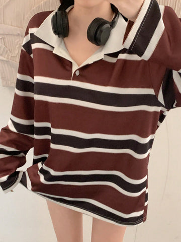 Women's Striped Color Block Patchwork Long Sleeve Casual T-Shirt With Collar