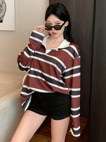Women's Striped Color Block Patchwork Long Sleeve Casual T-Shirt With Collar