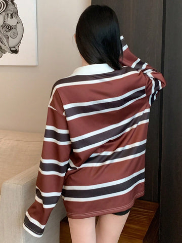 Women's Striped Color Block Patchwork Long Sleeve Casual T-Shirt With Collar