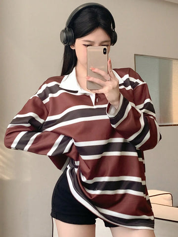 Women's Striped Color Block Patchwork Long Sleeve Casual T-Shirt With Collar