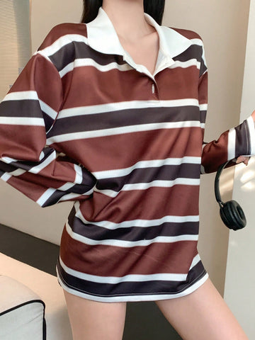 Women's Striped Color Block Patchwork Long Sleeve Casual T-Shirt With Collar