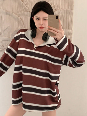 Women's Striped Color Block Patchwork Long Sleeve Casual T-Shirt With Collar