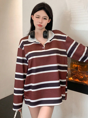 Women's Striped Color Block Patchwork Long Sleeve Casual T-Shirt With Collar