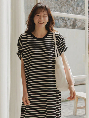 DAZY Women's Striped Knee-Length Round Neck Short Sleeve Simple And Stylish Casual Lady Dress
