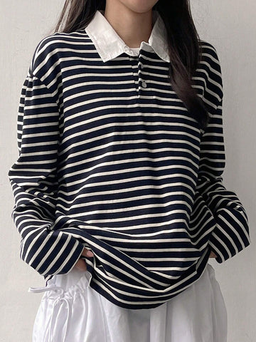 Women's Striped Polo Neck Long Sleeve T-Shirt, Fall Tee