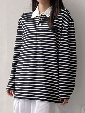 Women's Striped Polo Neck Long Sleeve T-Shirt, Fall Tee