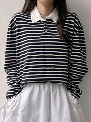 Women's Striped Polo Neck Long Sleeve T-Shirt, Fall Tee
