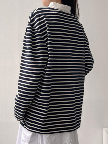 Women's Striped Polo Neck Long Sleeve T-Shirt, Fall Tee