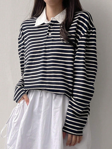 Women's Striped Polo Neck Long Sleeve T-Shirt, Fall Tee