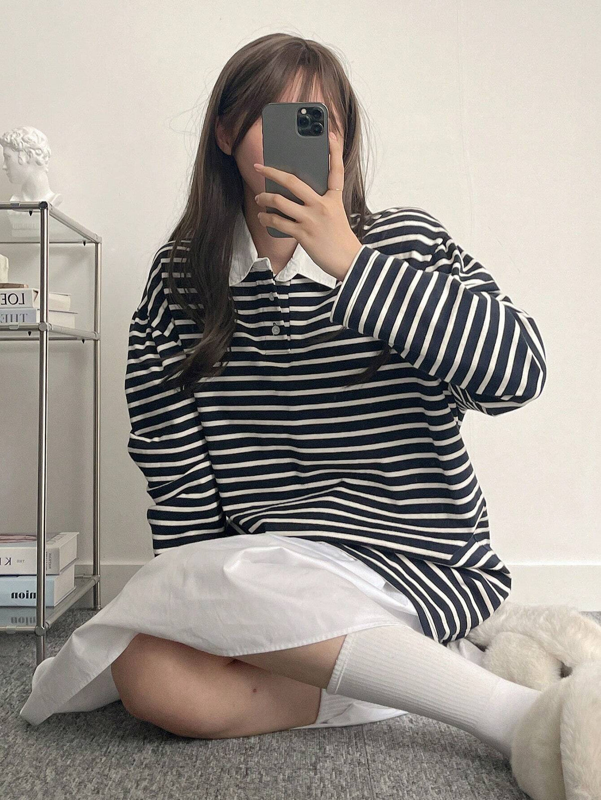 Women's Striped Polo Neck Long Sleeve T-Shirt, Fall Tee