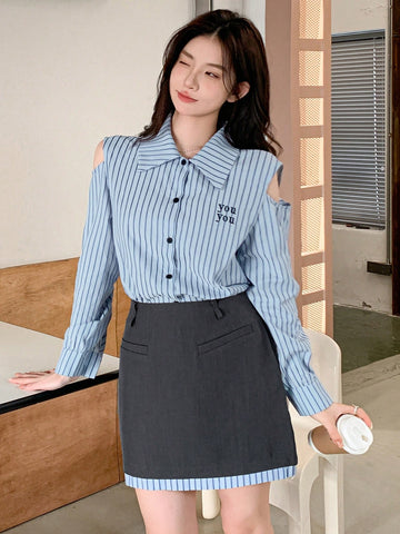 DAZY Women's Striped Shirt And Skirt Two-Piece Set With Hollow Out Shoulders