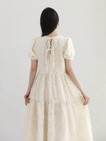 DAZY Women's Summer A-Line Dress With Round Neck And Puff Sleeves, Elegant