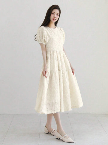 DAZY Women's Summer A-Line Dress With Round Neck And Puff Sleeves, Elegant