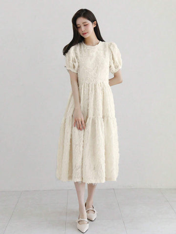 DAZY Women's Summer A-Line Dress With Round Neck And Puff Sleeves, Elegant