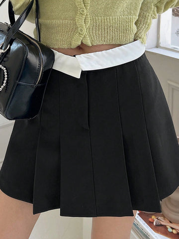 DAZY Women's Summer Casual Color Block Pleated A-Line Skirt