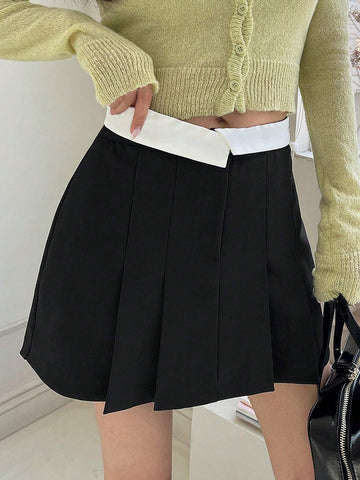 DAZY Women's Summer Casual Color Block Pleated A-Line Skirt