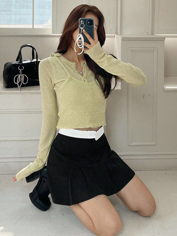 DAZY Women's Summer Casual Color Block Pleated A-Line Skirt