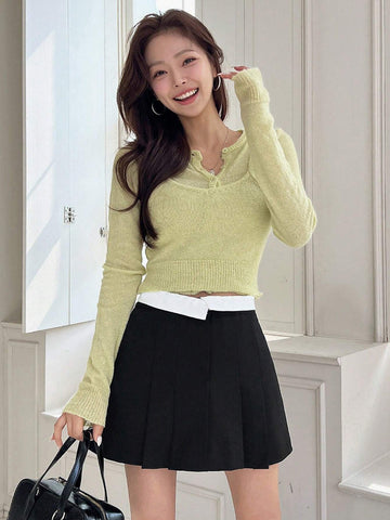 DAZY Women's Summer Casual Color Block Pleated A-Line Skirt