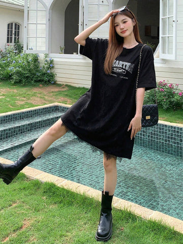 DAZY Women's Summer Casual Letter Print Contrast Lace Short Dress
